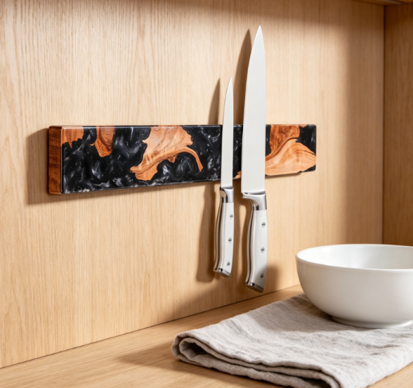 Acacia burl wood and resin strong magnetic wall mounted knife holder